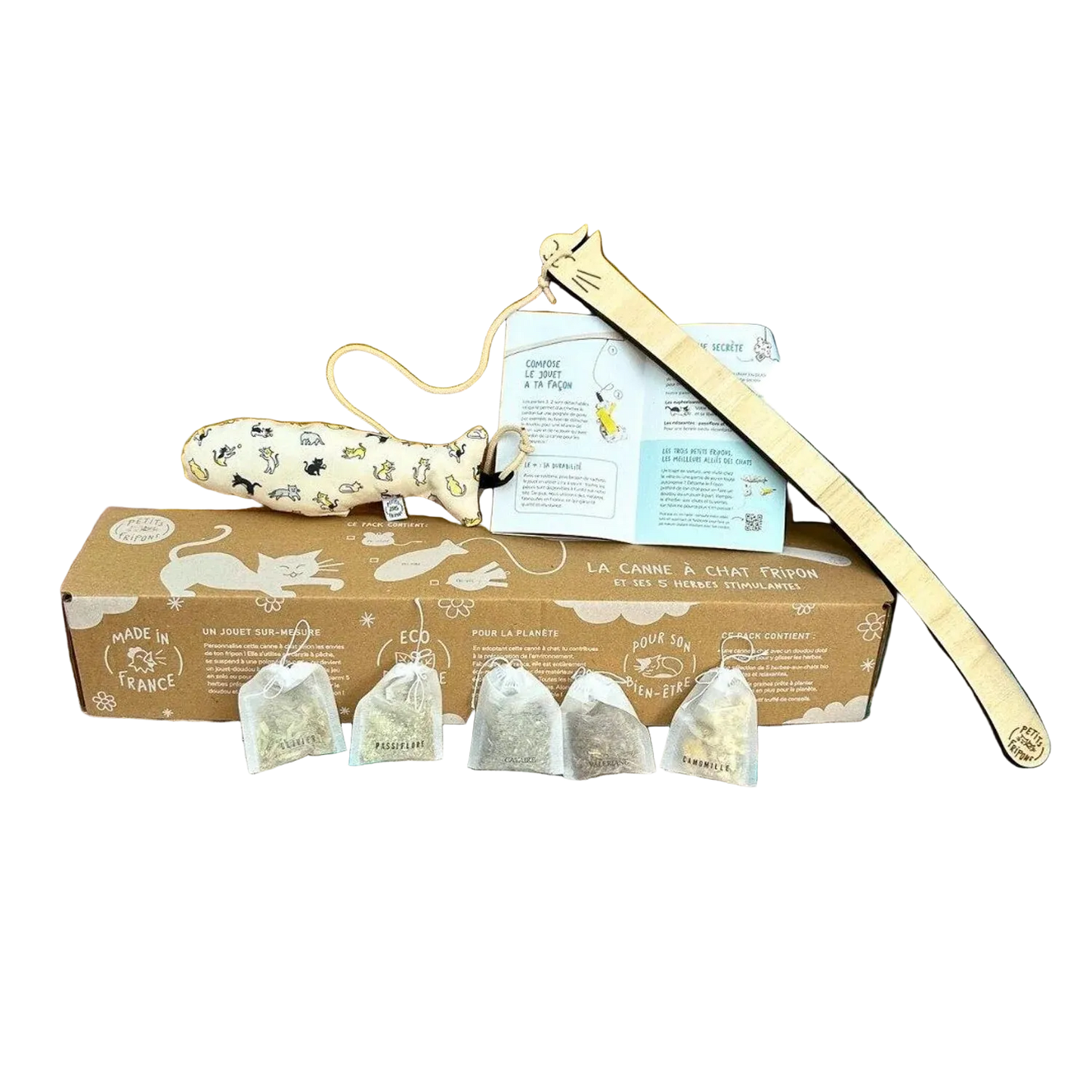 Pack Canne à pêche & Doudou pour chat — 5 herbes bio - Artisanal et 🇫🇷