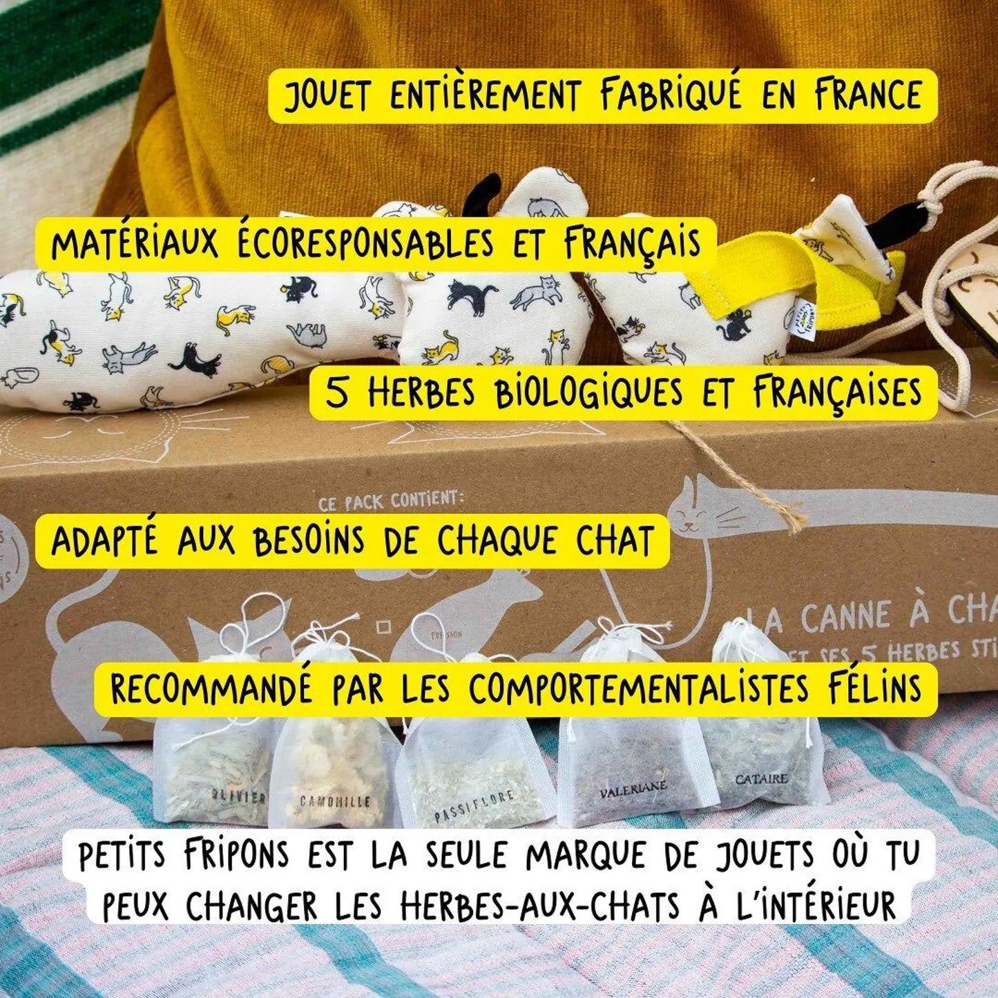 Pack Canne à pêche & Doudou pour chat — 5 herbes bio - Artisanal et 🇫🇷