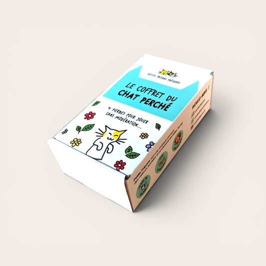 Coffret d’herbes à chat bio — Cataire, valériane, olivier & trèfle d’eau, français · Le Chat Perché